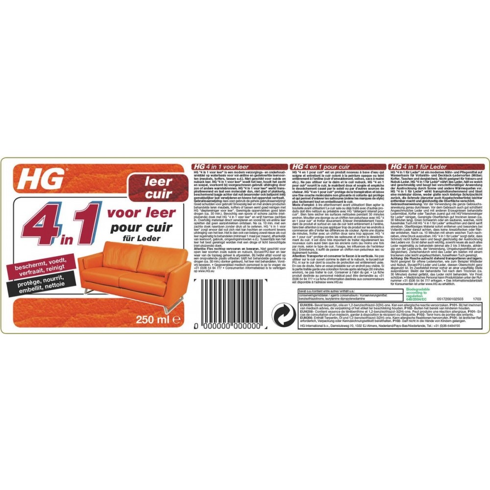 HG 4 in 1 voor leer - 250ml - beschermt, voedt en reinigt