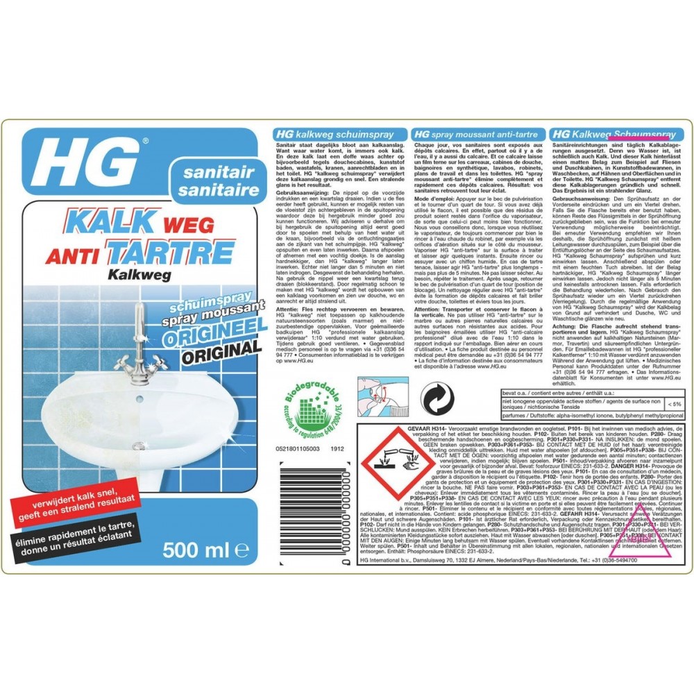 HG kalkweg schuimspray - 500ml - 100% glans - verwijdert en voorkomt kalk - biologisch afbreekbaar
