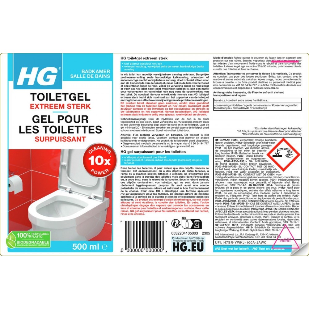 HG toiletgel extra sterk - 500ml - verwijdert de hardnekkigste aanslag - tast niet glazuur, roestvrijstaal en chroom niet aan - biologisch afbreekbaar