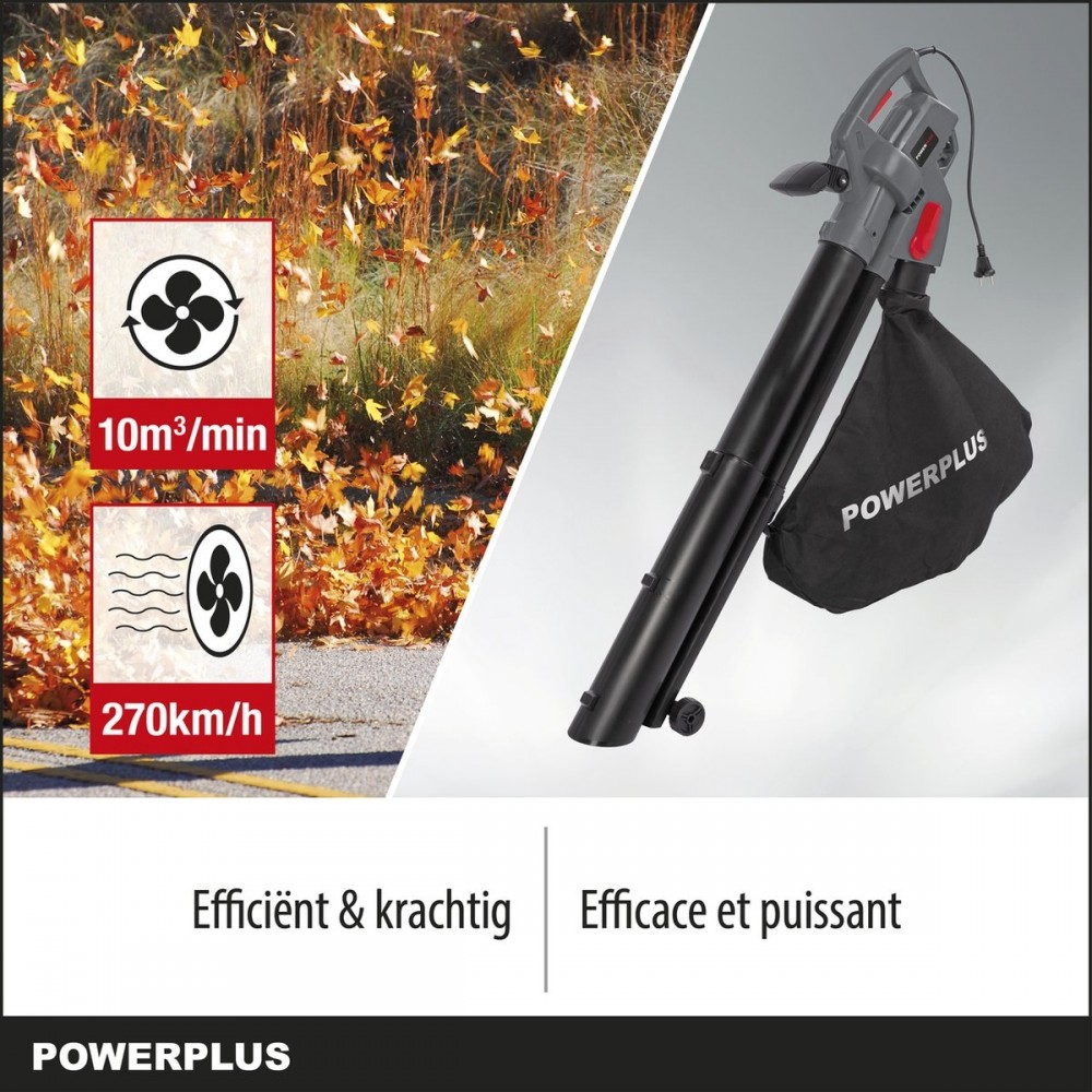Powerplus POWEG9013 Elektrische bladblazer - Bladzuiger en -versnipperaar - 3300W - Blazen - Zuigen - Versnipperen - Incl. 40L opvangzak