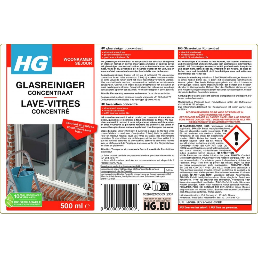 HG glasreiniger concentraat - 500ml - reinigt streeploos - de keuze van professionele glazenwassers