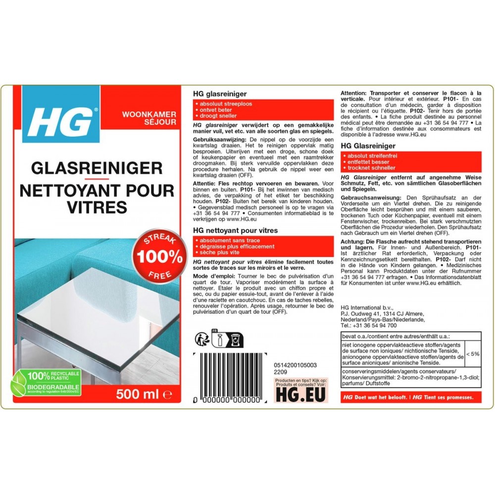 HG glasreiniger - 500ml - 100% streeploze glans - snel droog