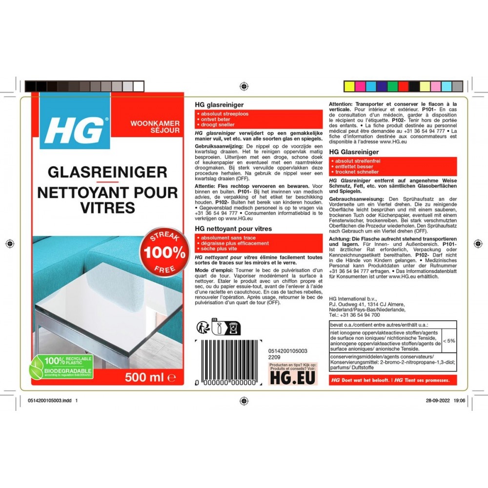 HG glasreiniger - 500ml - 100% streeploze glans - snel droog