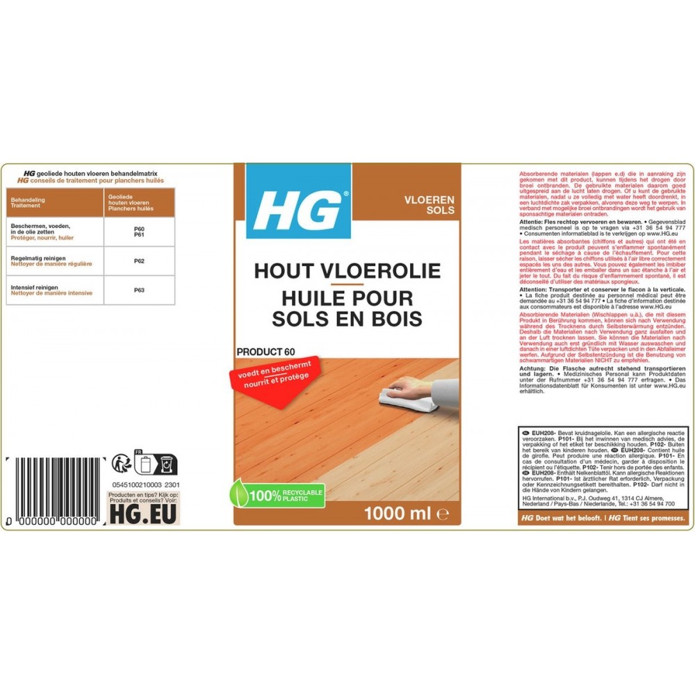 HG hout vloerolie (product 60) - 1L - voedt en beschermt - tegen uitdroging, vuil & vlekken