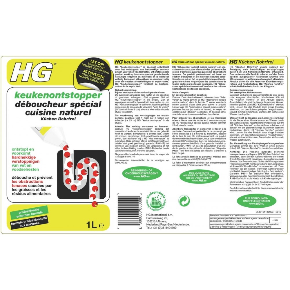 HG keukenontstopper - 1L - de NR1 ontstopper - biologisch afbreekbaar