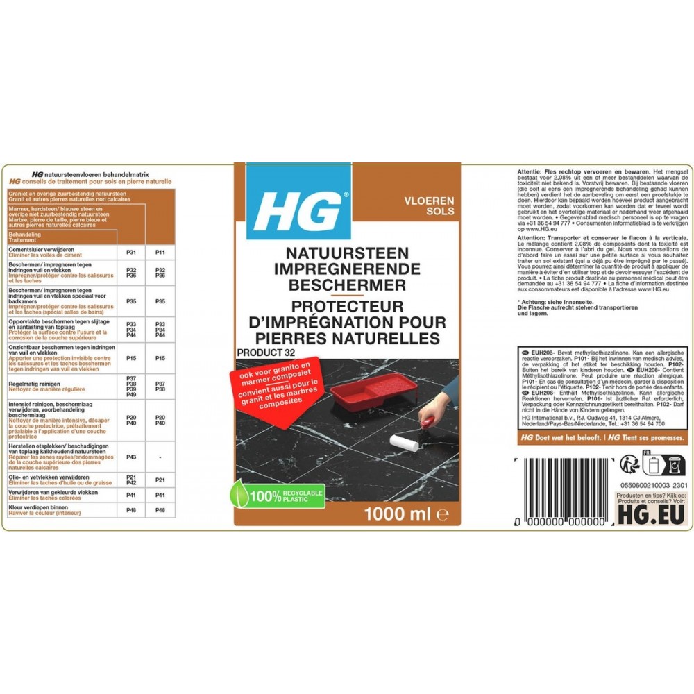 HG natuursteen impregnerende beschermer (HG product 32) - 1L - tegen het intrekken van vuil - ook voor granito en marmer composiet