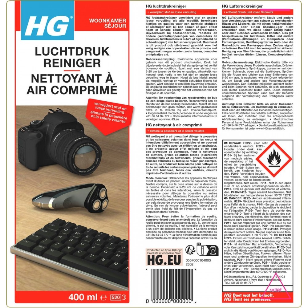 HG luchtdrukreiniger - 400ml - verwijdert stof op moeilijk bereikbare plekken - ideaal voor toetsenborden roosters en computers