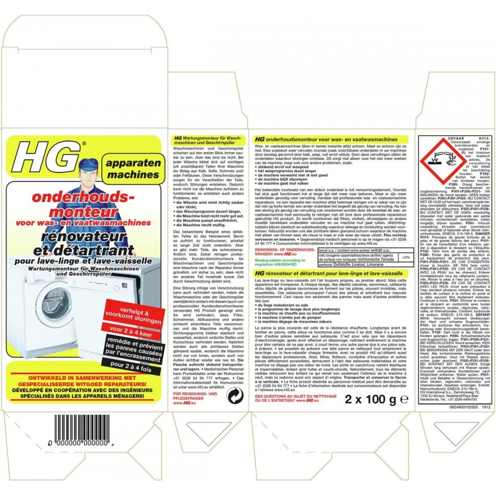 HG Onderhoudsmonteur - 2 x 100 ml - verhelpt en voorkomt storingen - voor een langere levensduur van de vaatwasser en wasmachine - biologisch afbreekbaar