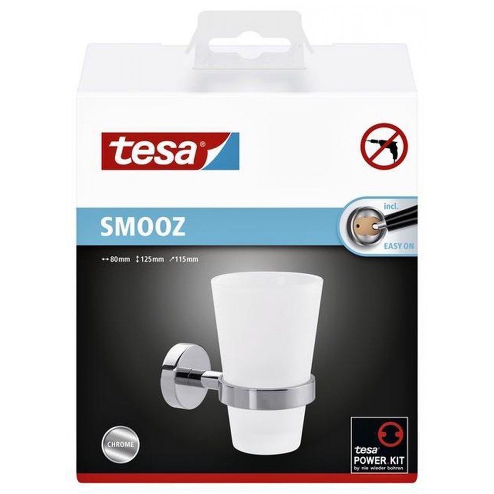 Tesa Smooz Bekerhouder 13.5x15.5x8.5cm zonder boren Zelfklevend Verchroomd Metaal chroom wit