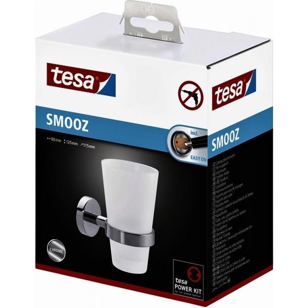 Tesa Smooz Bekerhouder 13.5x15.5x8.5cm zonder boren Zelfklevend Verchroomd Metaal chroom wit