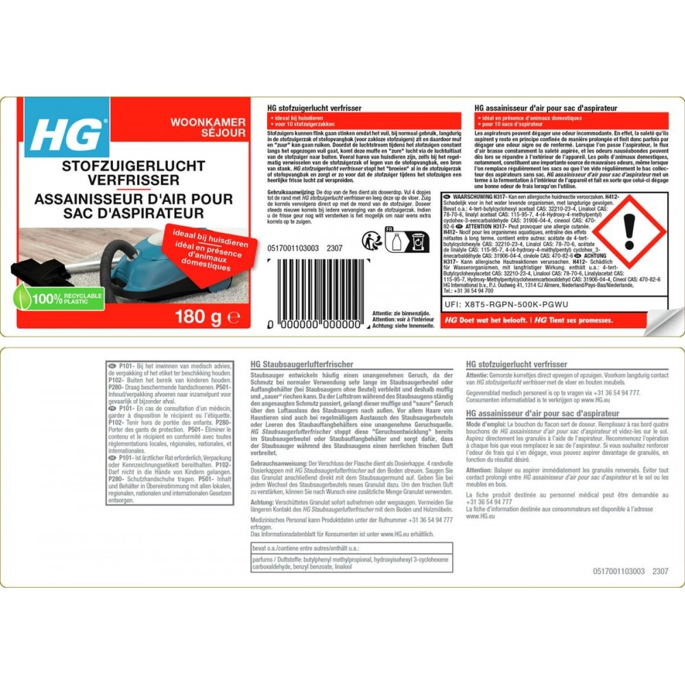 HG stofzuigerlucht verfrisser 180gr