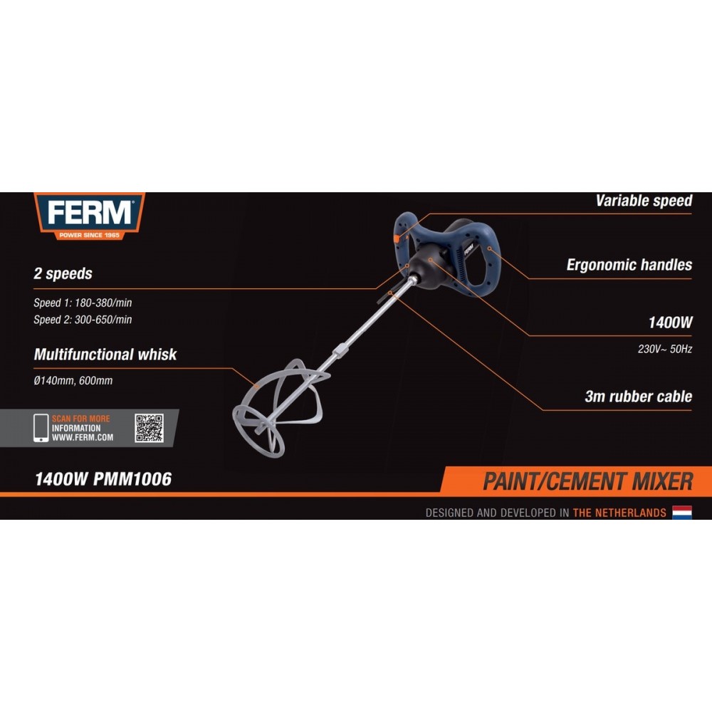 FERM - PMM1006 - Verf – & Cementmenger – Mengmachine – 1400W - 600MM – Twee versnellingen – Soft Start