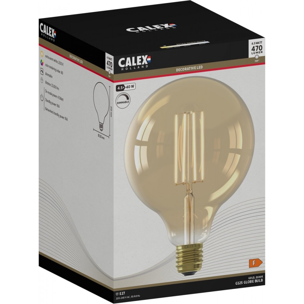 Calex Filament LED Lamp - G125 Vintage Lichtbron - E27 - Goud - Warm Wit Licht - Dimbaar