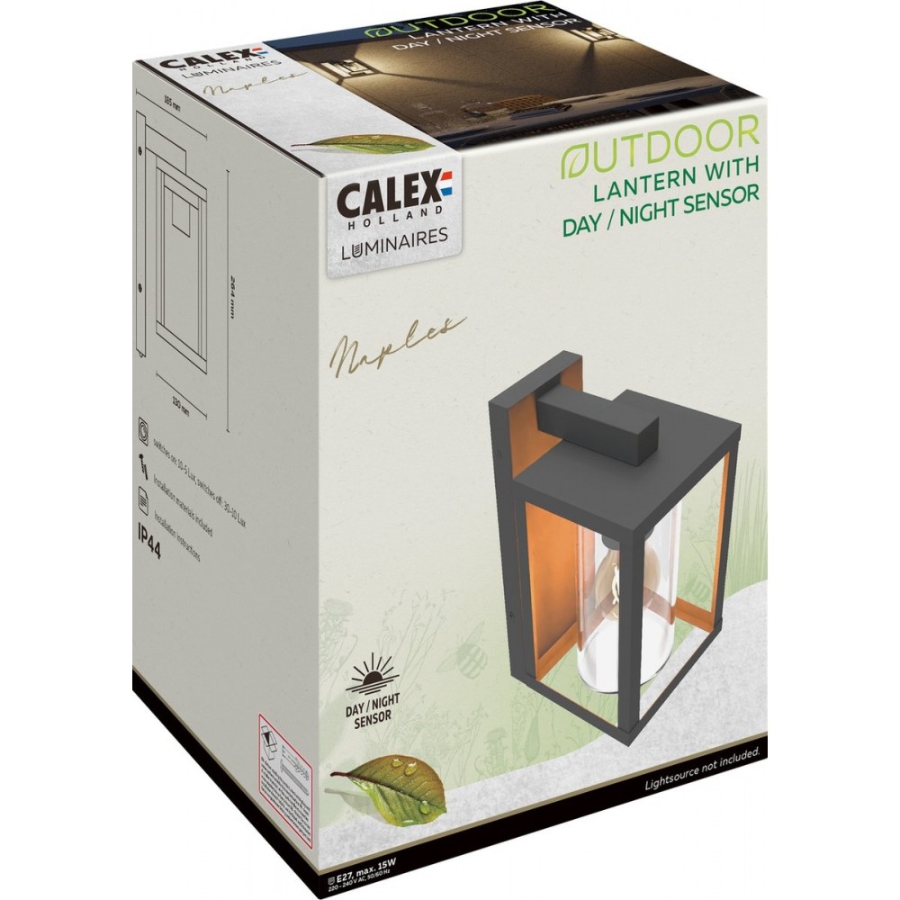 Calex LED Wandlamp Naples - E27 – IP44 Spatwaterdicht – Zwart - Dag/Nacht sensor - Aluminium – Industrieel – Modern