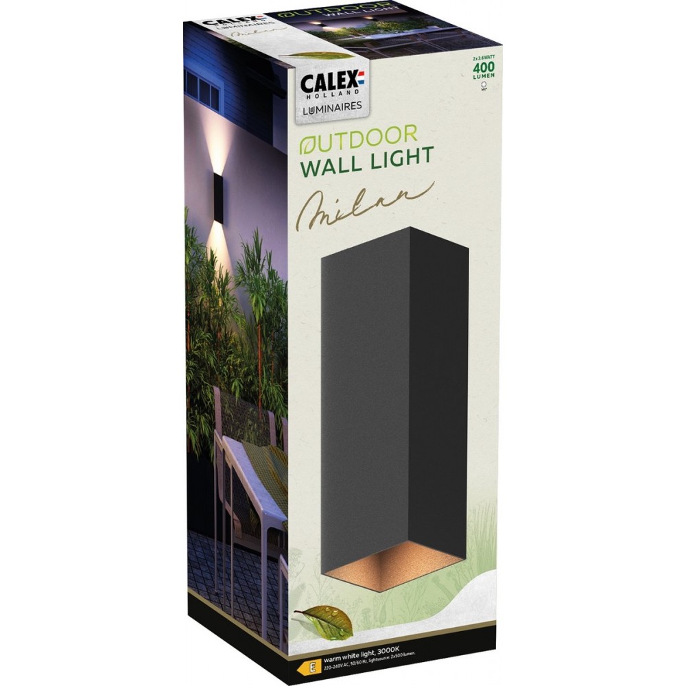 Calex LED Wandlamp Milan - Rechthoek - LED Up & Down - Verstelbare Stralingshoek - 8W - Tuinverlichting - Modern Design - Warm Wit Licht - Voor Binnen en Buiten - Zwart