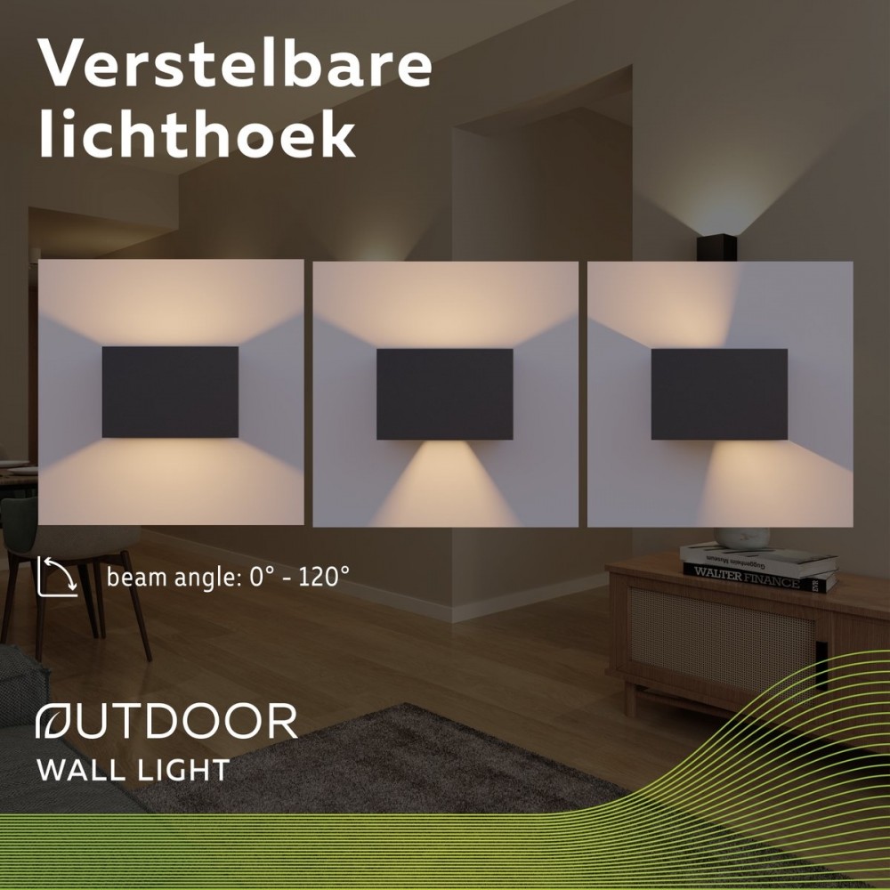 Calex LED Wandlamp Venice - Rechthoek - LED Up & Down - Verstelbare Stralingshoek - 7W - Tuinverlichting - Modern Design - Warm Wit Licht - Voor Binnen en Buiten - Zwart