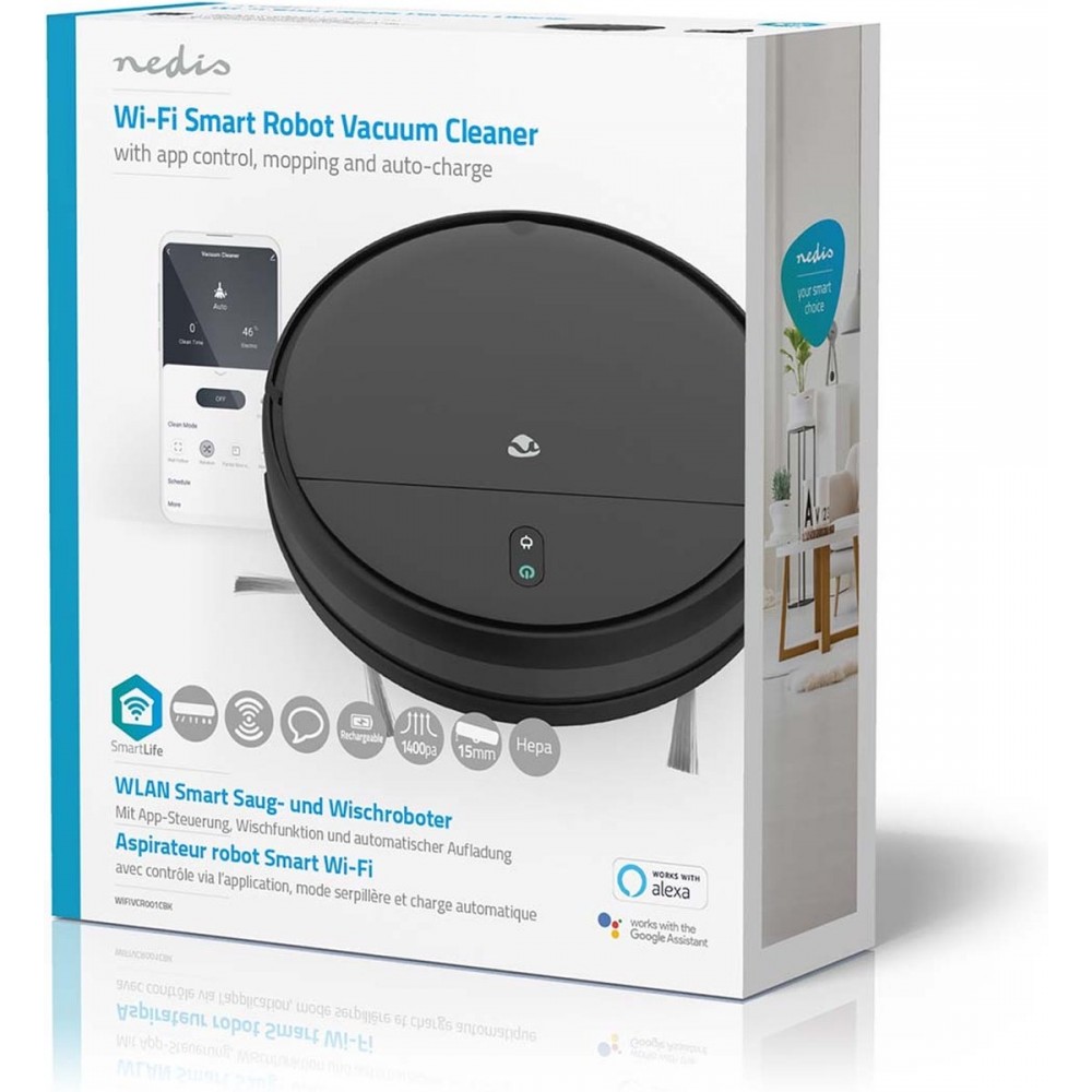 Nedis SmartLife Robotstofzuiger - Willekeurig - Wi-Fi - Capaciteit opvangreservoir: 0.2 l - Automatisch opladen - Maximale gebruiksduur: 110 min - Zwart - Android / IOS