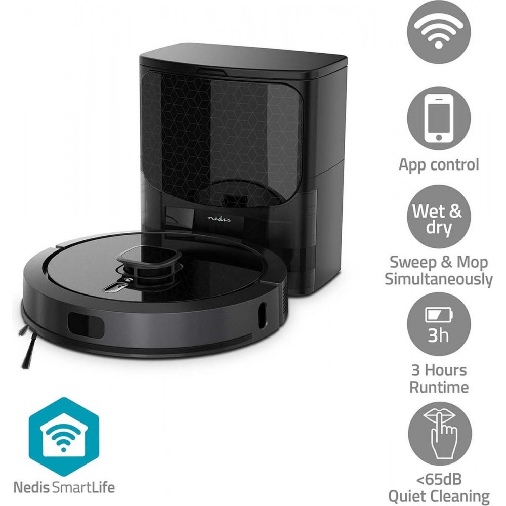 Nedis SmartLife Robotstofzuiger - Laser navigatie - Wi-Fi - Capaciteit opvangreservoir: 0.6 l - Automatisch opladen - Maximale gebruiksduur: 240 min - Zwart - Android / IOS