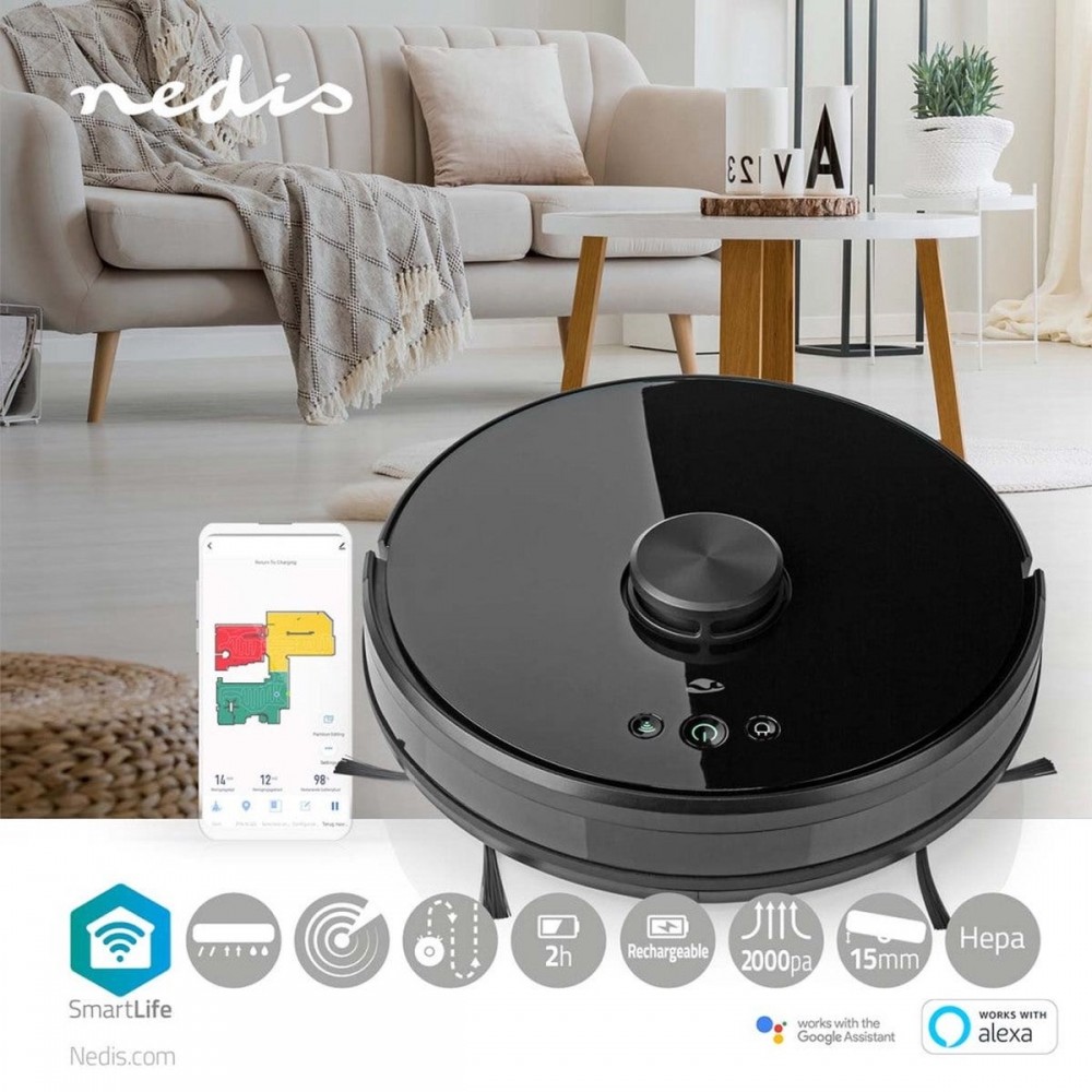 Nedis SmartLife Robotstofzuiger - Laser navigatie - Wi-Fi - Capaciteit opvangreservoir: 0.6 l - Automatisch opladen - Maximale gebruiksduur: 120 min - Zwart - Android / IOS