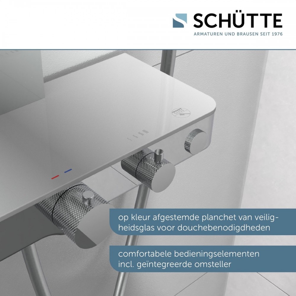 SCHÜTTE Samoa Rain Douchesysteem - Regendouche - met Thermostatische Douchekraan - Geïntegreerd glazen Planchet met Push-Button Omsteller - Hartafstand 150 mm - Chroom & Lichtgrijs