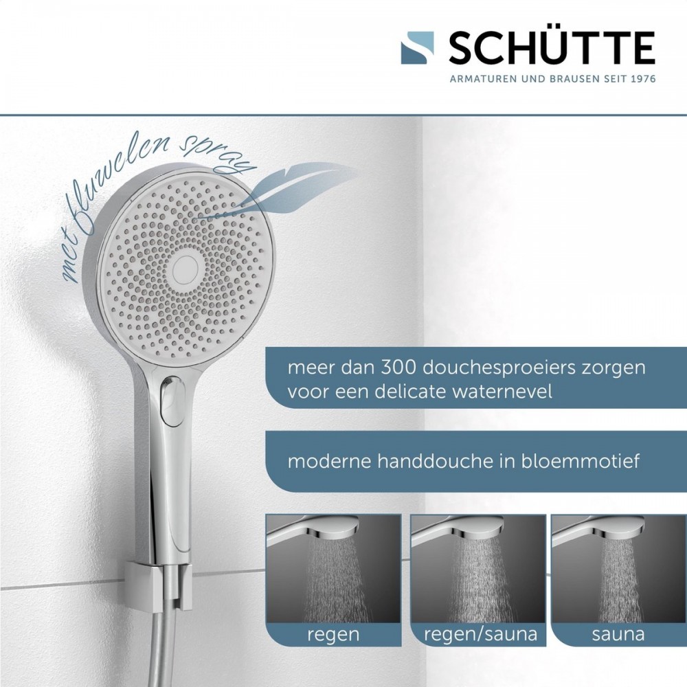 SCHÜTTE Samoa Rain Douchesysteem - Regendouche - met Thermostatische Douchekraan - Geïntegreerd glazen Planchet met Push-Button Omsteller - Hartafstand 150 mm - Chroom & Lichtgrijs