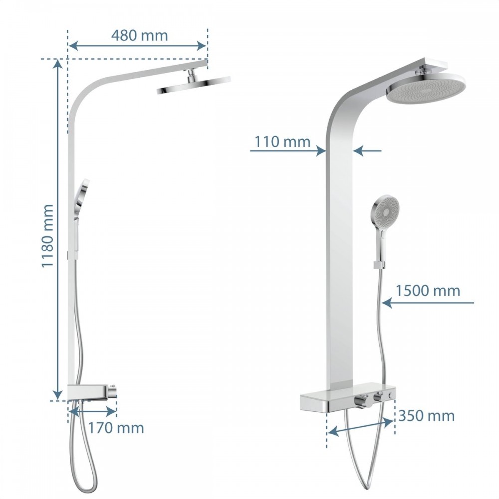 SCHÜTTE Samoa Rain Douchesysteem - Regendouche - met Thermostatische Douchekraan - Geïntegreerd glazen Planchet met Push-Button Omsteller - Hartafstand 150 mm - Chroom & Lichtgrijs