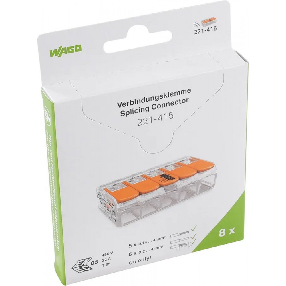 WAGO® Verbindingsklem 5-voudig t/m 4mm² - 221-415 - 8 stuks in blister