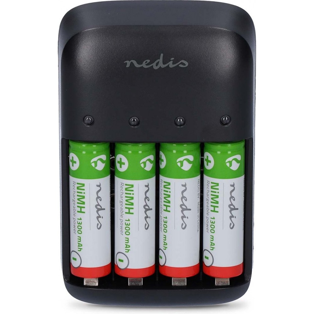 Nedis NiMH-Batterijlader AA / AAA - 1.2 / 9 V DC - 0.5 A - Druppelladen - Type C (CEE 7/16) - Batterijtype: AA / AAA / E-Blok (9V) - Zwart