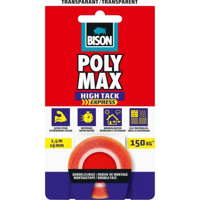 Poly Max® High Tack Express Montage Tape transparant, universele dubbelzijdige montagetape, eenvoudig in gebruik, extra sterk, supersnel, ophangen zonder boren