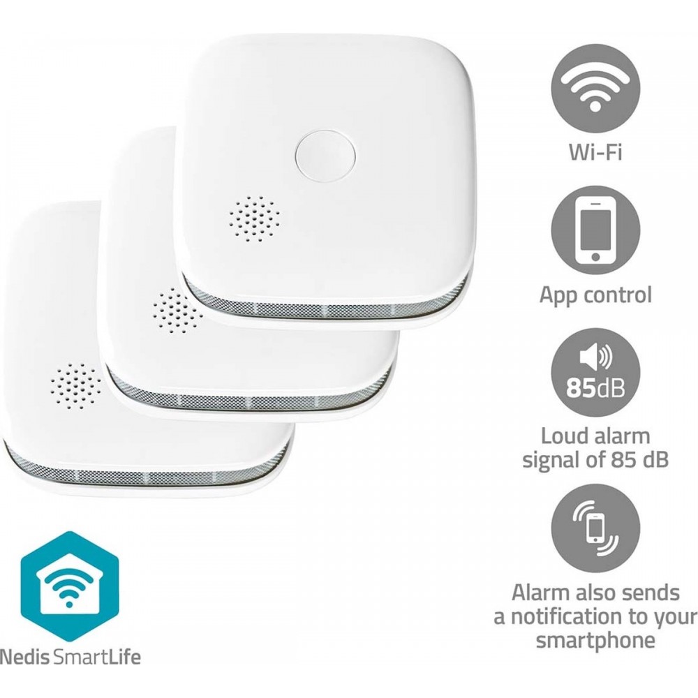 Nedis SmartLife Rookmelder - Wi-Fi - Batterij Gevoed - Levenscyclus sensor: 10 Jaar - EN 14604 - Max. batterijduur: 24 Maanden - 85 dB - Wit - 3 Stuks