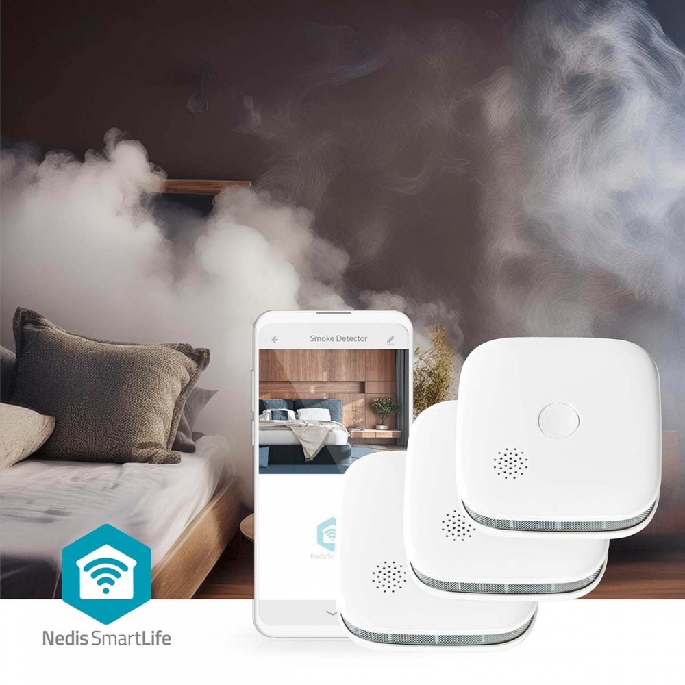 Nedis SmartLife Rookmelder - Wi-Fi - Batterij Gevoed - Levenscyclus sensor: 10 Jaar - EN 14604 - Max. batterijduur: 24 Maanden - 85 dB - Wit - 3 Stuks