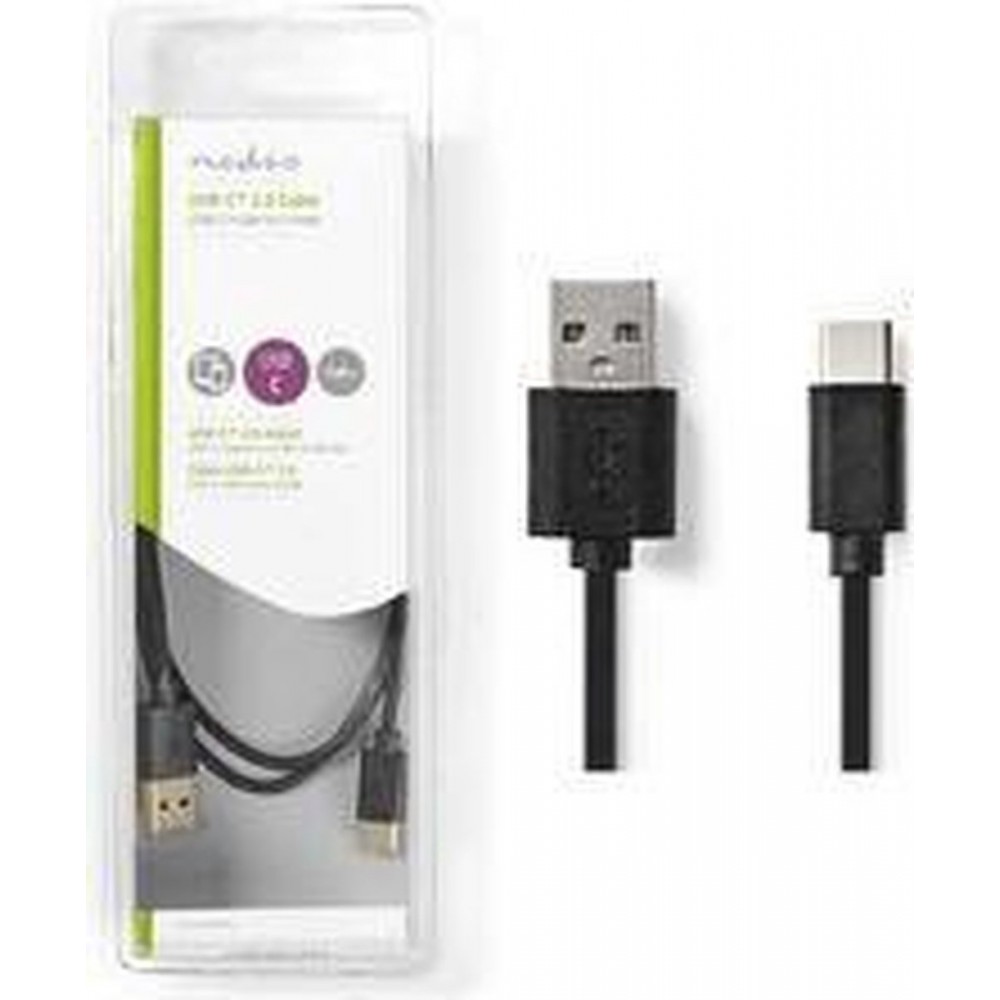 Nedis USB-Kabel - USB 2.0 - USB-A Male - USB-C Male - 60 W - 480 Mbps - Vernikkeld - 1.00 m - Rond - PVC - Zwart - Doos