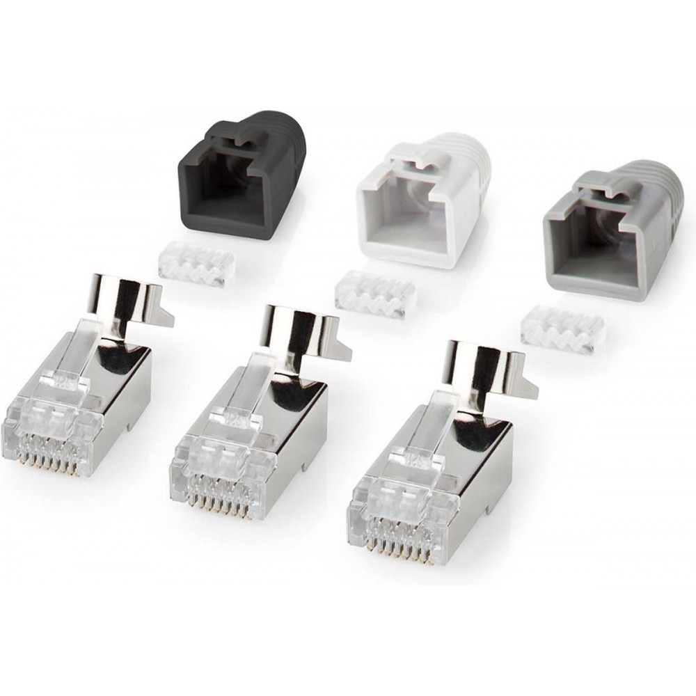 Nedis RJ45-Connector - RJ45 Pass Through - Stevig/Gesnoerd FTP CAT7 - Recht - Verguld - 10 Stuks - PVC - Grijs / Wit / Zwart - Doos