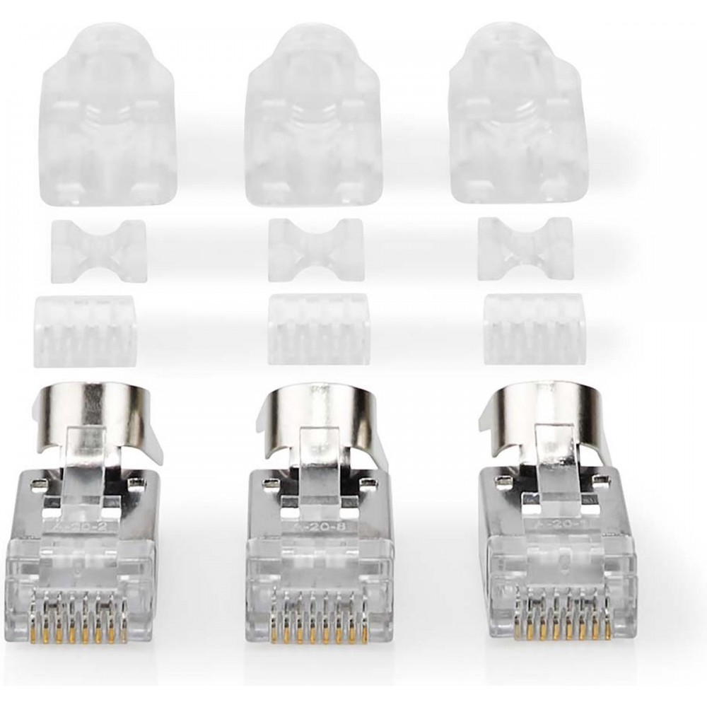 Nedis RJ45-Connector - RJ45 Pass Through - Stevig/Gesnoerd FTP CAT7 - Recht - Verguld - 10 Stuks - PVC - Grijs / Wit / Zwart - Doos