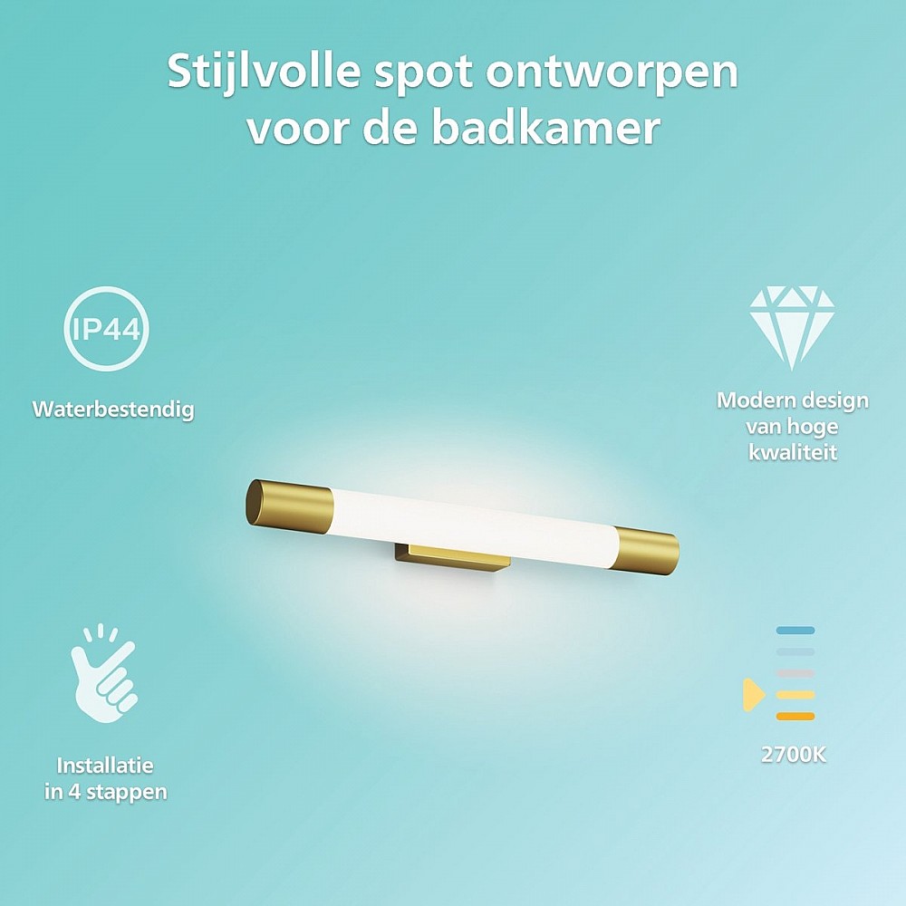 Philips Rover Spiegelverlichting - Spatwaterdicht IP44 - 5W - Warmwit licht - Badkamerlamp - Cilindervormig - Messingkleurig