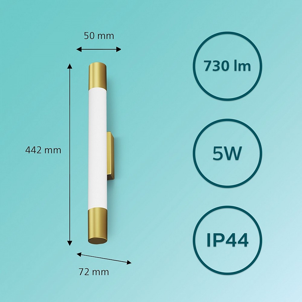 Philips Rover Spiegelverlichting - Spatwaterdicht IP44 - 5W - Warmwit licht - Badkamerlamp - Cilindervormig - Messingkleurig