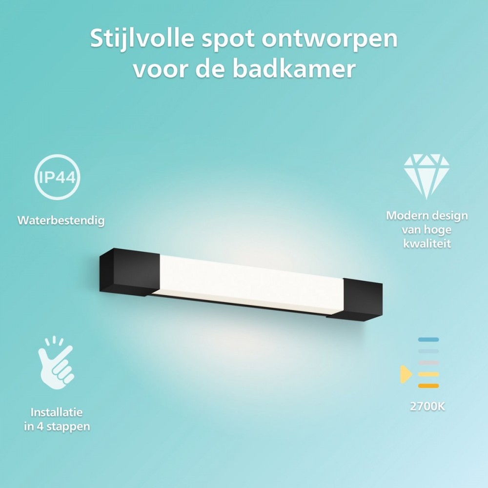 Philips Rover Spiegelverlichting - Spatwaterdicht IP44 - 5W - Warmwit licht - Badkamerlamp - rechthoekig - Zwart