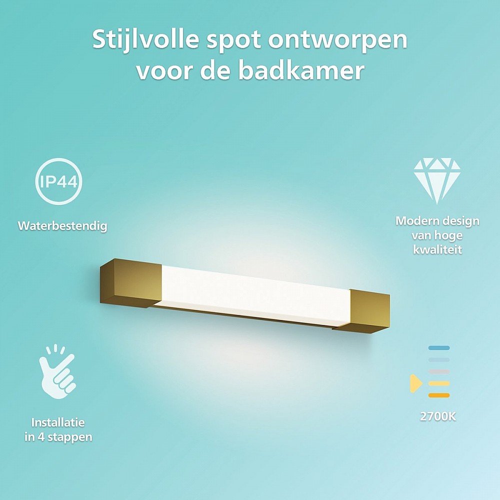 Philips Rover Spiegelverlichting - Spatwaterdicht IP44 - 5W - Warmwit licht - Badkamerlamp - Rechthoekig - Messingkleurig