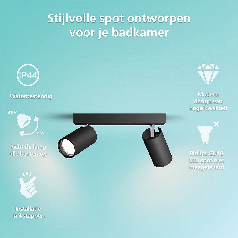 Philips Plafondspot 2 Lichts Badkamer Zwart - IDRIS
