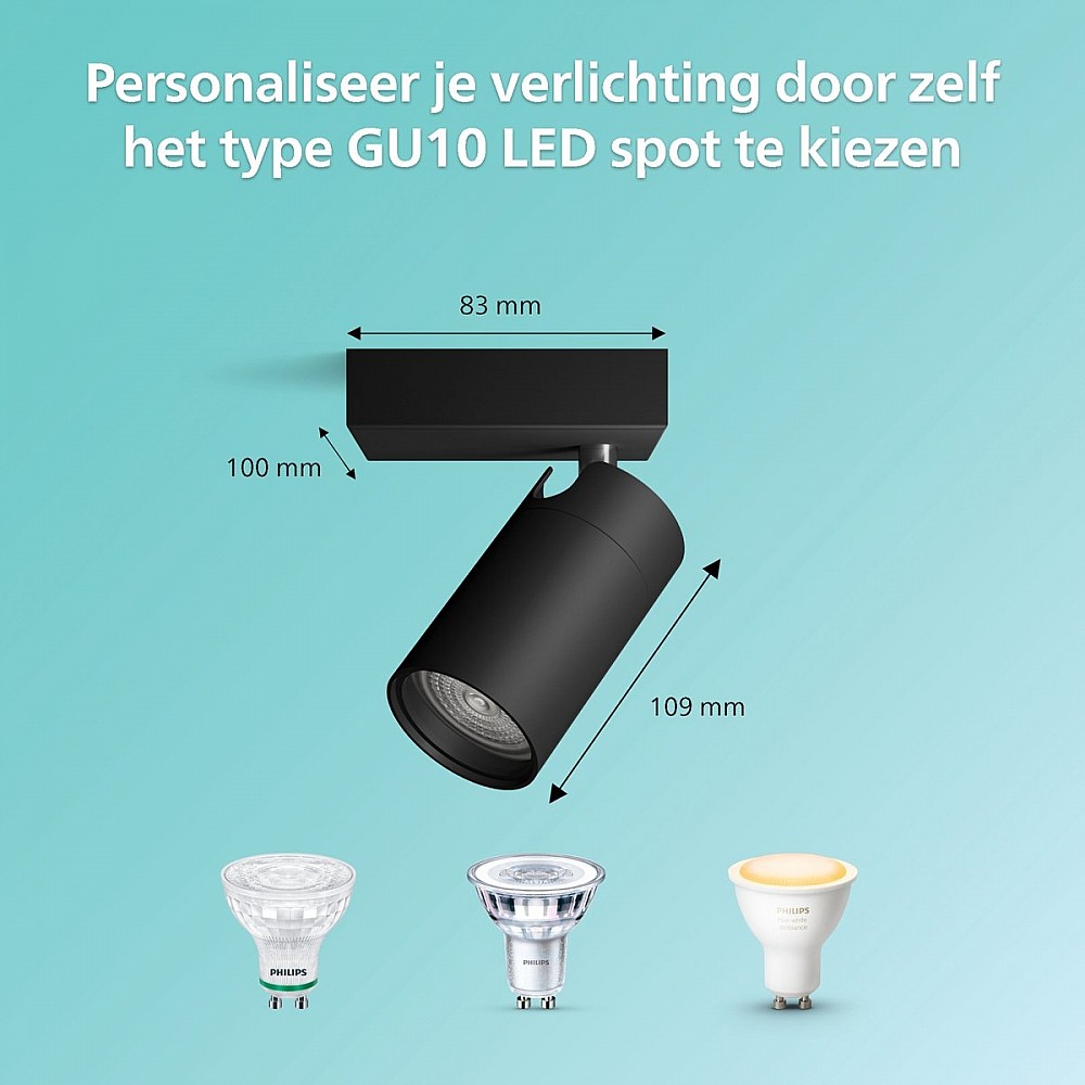 Philips Idris Spot - Spatwaterdicht IP44 - Zwart - 5W - Badkamerlamp - Eén lichtpunt - Alleen geschikt voor LED spots