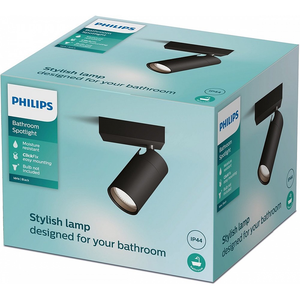 Philips Idris Spot - Spatwaterdicht IP44 - Zwart - 5W - Badkamerlamp - Eén lichtpunt - Alleen geschikt voor LED spots