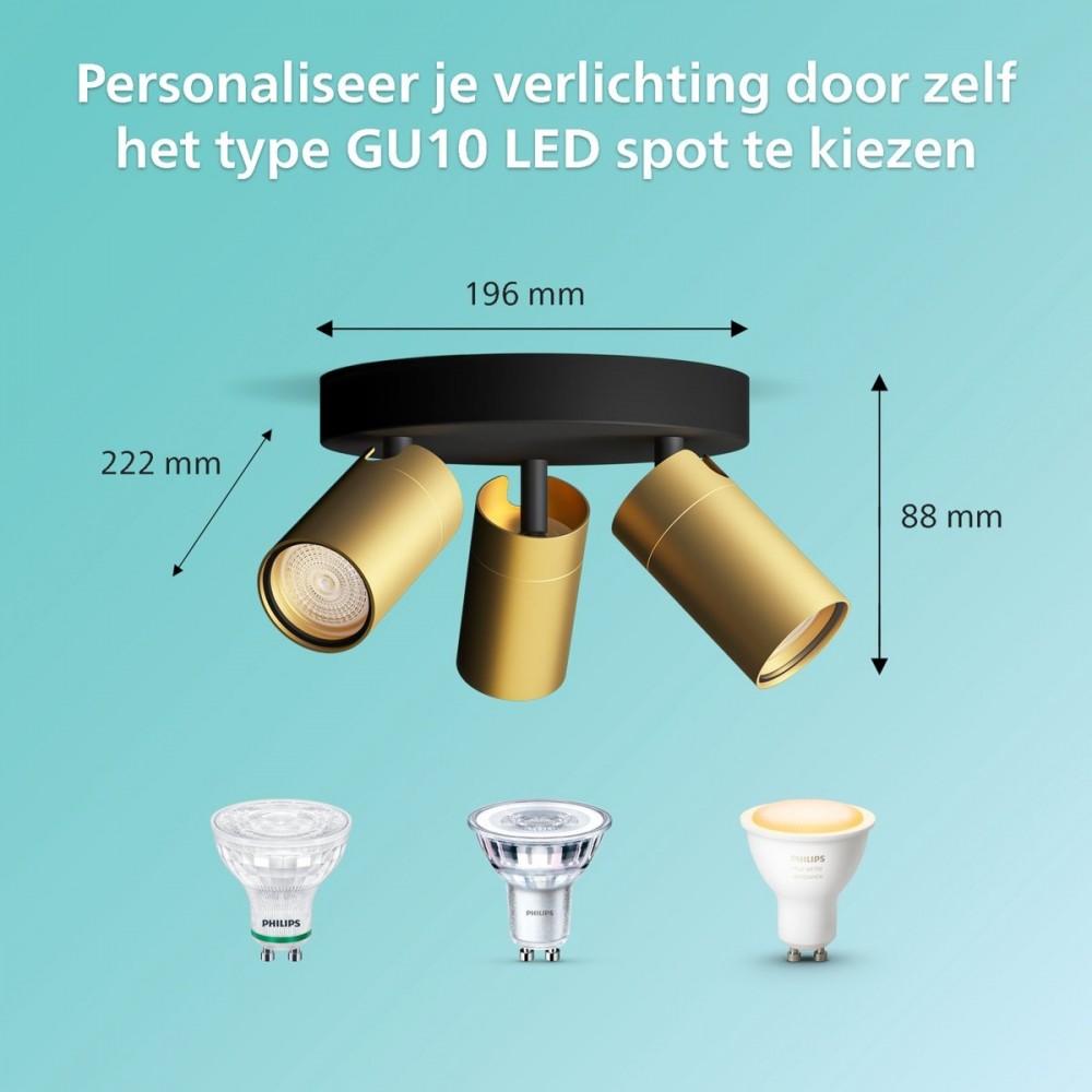 Philips Idris Spot - Plafondspot - Spatwaterdicht IP44 - Zwart met goud - Badkamerlamp - Drie lichtpunten - Ronde basisplaat - Alleen geschikt voor LED spots