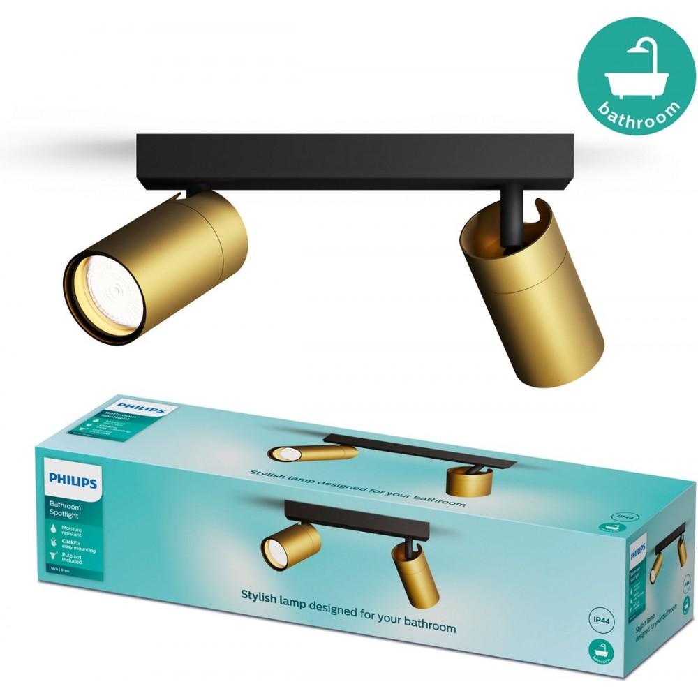Philips Idris Spot - Plafondspot - Spatwaterdicht IP44 - 5W - Zwart met goud - Badkamerlamp - Twee lichtpunten - Alleen geschikt voor LED spots