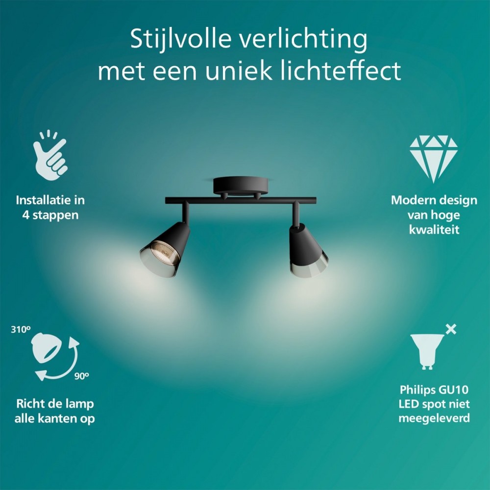 Philips Cleft Spot - Plafondspot met twee lichtpunten - Met gerookt glas - GU10 LED fitting
