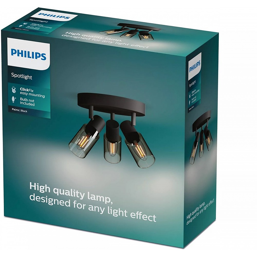 Philips Palms Spot - Plafondspot met drie lichtpunten - Met gerookt glas - Kleine fitting E14 - Ronde basisplaat