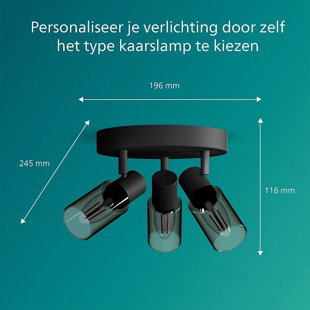 Philips Palms Spot - Plafondspot met drie lichtpunten - Met gerookt glas - Kleine fitting E14 - Ronde basisplaat