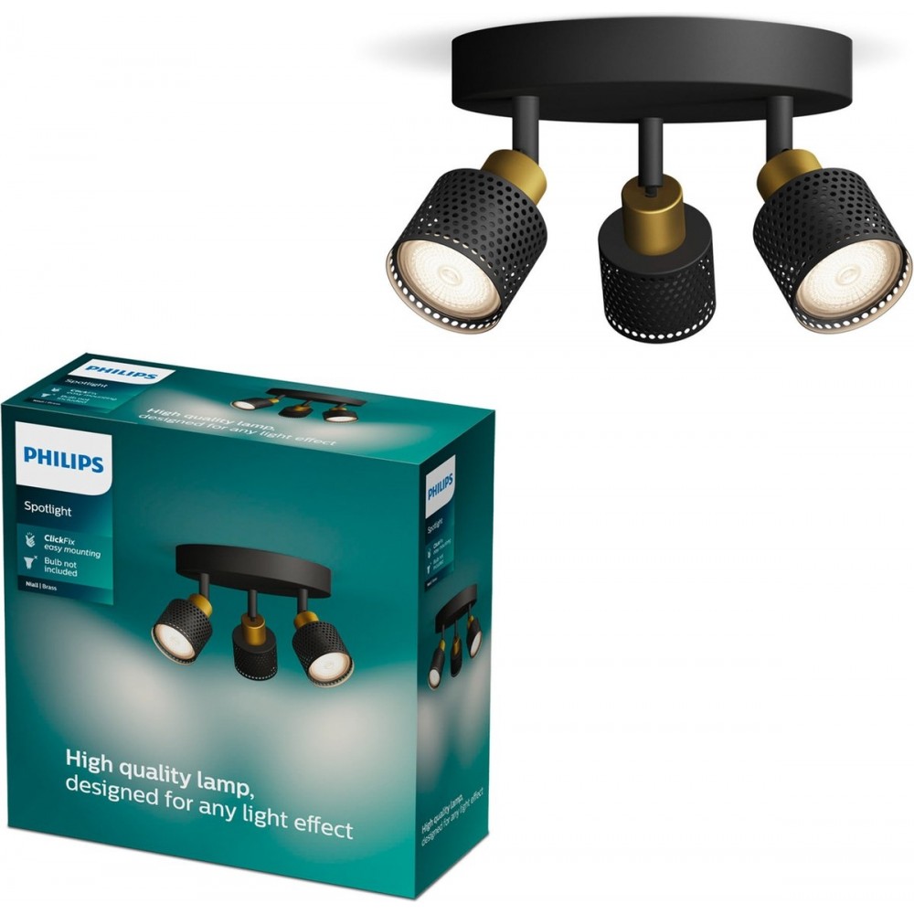 Philips Niall Spot - Plafondspot met drie lichtpunten - Zwart met goud design - GU10 LED fitting - Ronde basisplaat