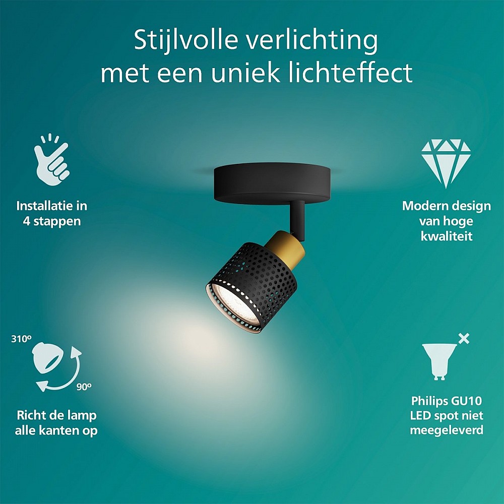 Philips Niall Spot - Wandspot - Zwart met goud design - GU10 LED fitting
