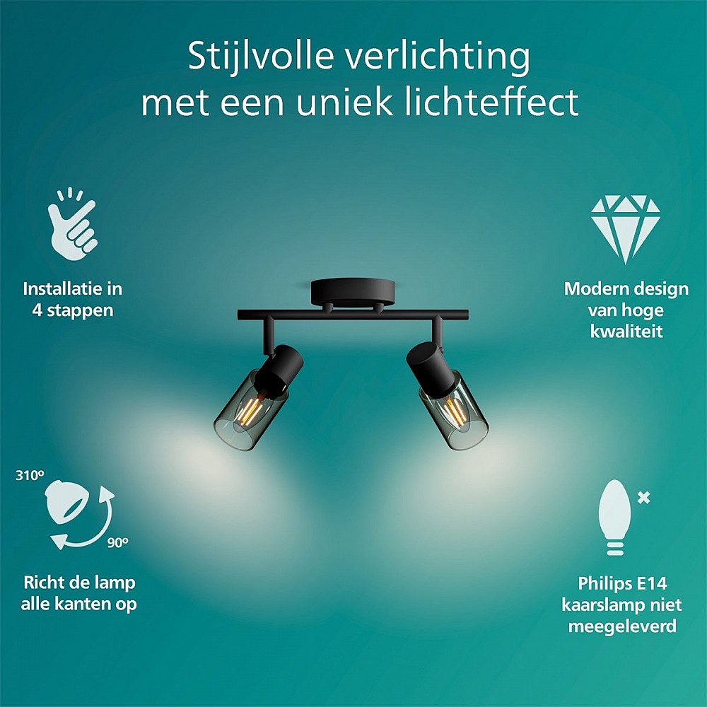 Philips Palms Spot - Plafondspot met twee lichtpunten - Met gerookt glas - Kleine fitting E14