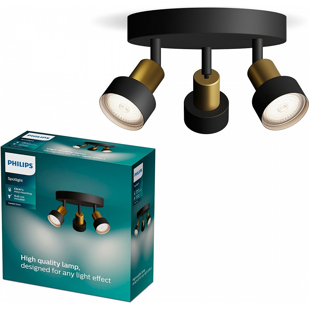 Philips Conduit Spot - Plafondspot met drie lichtpunten - Zwart met goud design - GU10 LED fitting - Ronde basisplaat